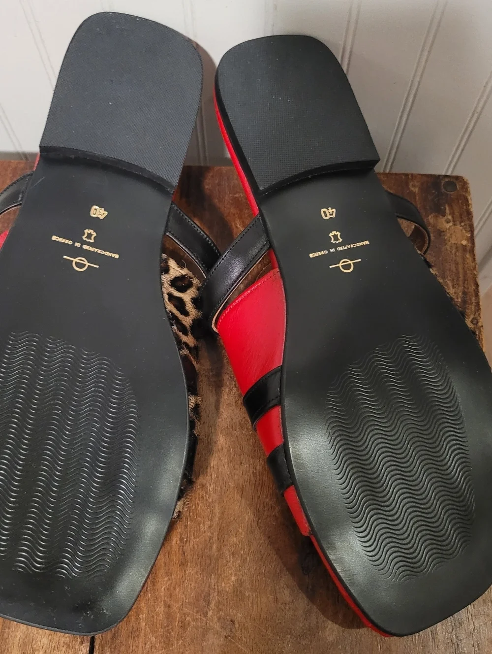 Elina Linardaki Lucia Red Leather Leopard Calf Hair Slide Sandals EU 40 US 9